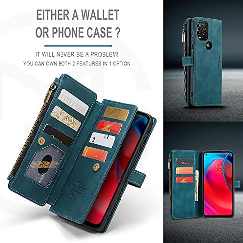 HAII Case for Moto G Stylus 5G 2021, Flip Leather Wallet Case with 10 Card Slot Holder Zipper Pocket Kickstand Magnetic Closure Shockproof Flip Folio Cover for Moto G Stylus 5G 2021 (Teal)