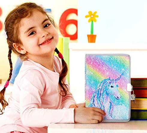 MHJY Unicorn Notebook Sequin Secret Diary with Lock,Reversible Mermaid Sequin Notebook Private Journal Magic Travel Journal Unicorn Notebook for Adults and Kids