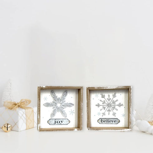 Heyaner Christmas Decorations for Home Snowflake Believe Joy Table Decor Wooden Rustic Farmhouse Block 2Pack 7 x 7 Inches Winter Holidays Sign for Party Coffee Table