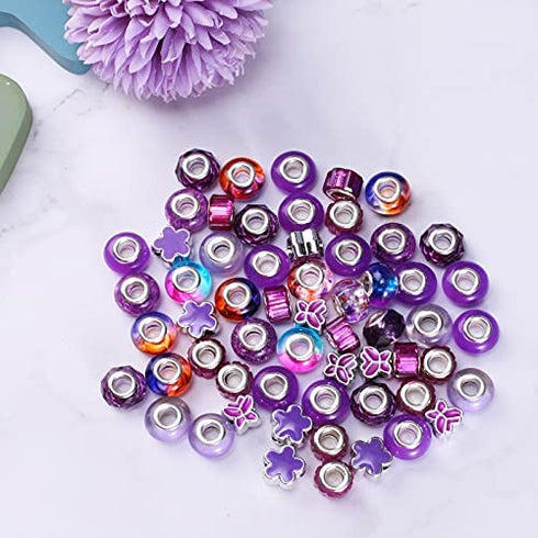 sjavocado 50pcs Assorted European Large Hole Beads ,Resin Glass Imitation Metal Spacer Charms Bead for DIY Crafts Bracelets Necklaces Jewelry Making (Purple)