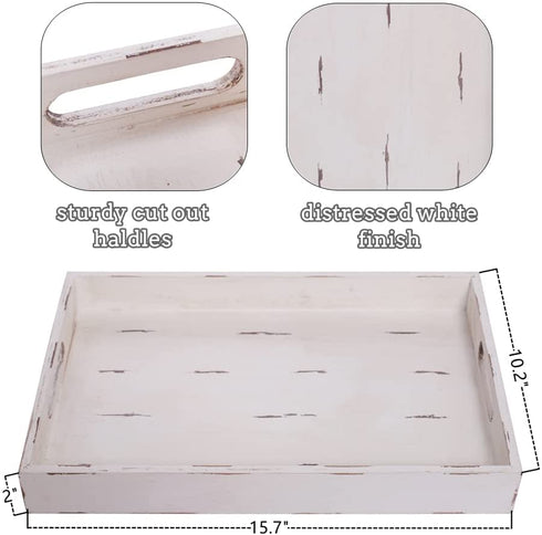 Wooden Tray, Wood Serving Tray with Handles, Farmhouse Coffee Table Tray, Rectangular Decorative Serving Tray for Ottoman, Living Room, 15.7? X 10.2?, Distressed White