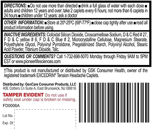 GenCare - Tension Headache Relief Pain Reliever with Acetaminophen 500 mg and Caffeine 65 mg (200 Caplets) Value Pack | Extra Strength for Head and Body Aches | Generic Excedrin Tension Headache