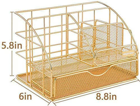 Gold Desk Organizer, AUPSEN Mesh Office Supplies Desk Accessories, Features 5 Compartments + 1 Mini Sliding Drawer