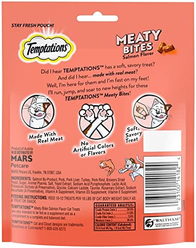 Temptations Meaty Bites, Soft and Savory Cat Treats, Salmon Flavor, 4.12 oz. Pouch