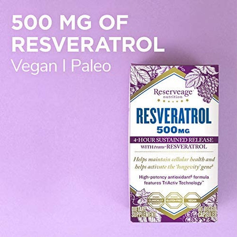 Reserveage, Resveratrol 500 mg, Antioxidant Supplement for Heart and Cellular Health, Supports Healthy Aging, Paleo, Keto, 30 Capsules