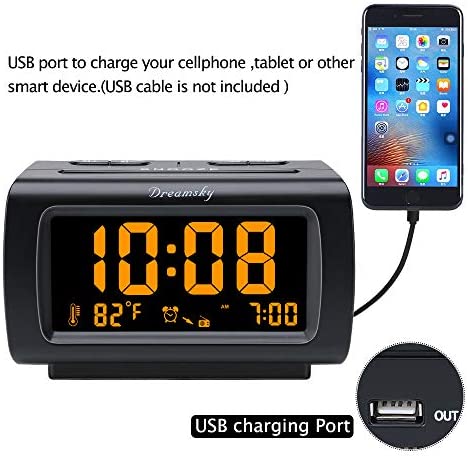 DreamSky Alarm Clock Radio for Bedroom - FM Radio Clock with Battery Backup, USB Charing Port, 1.2 Inch Bold Digit 0%-100% Dimmer, Adjustable Alarm Volume, Temperature, Snooze, Sleep Timer, 12/24H