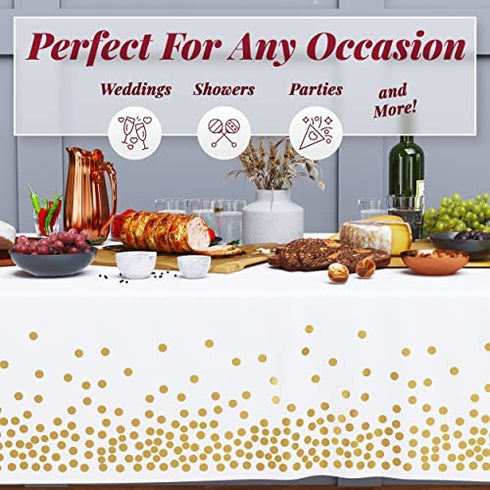 White Plastic Tablecloth - 4 Pack - 54 X 108 | Gold Dot Disposable Tablecloths | Plastic Tablecloth | White Tablecloths | Plastic Table Cover | Gold Tablecloths | Gold Party Decorations