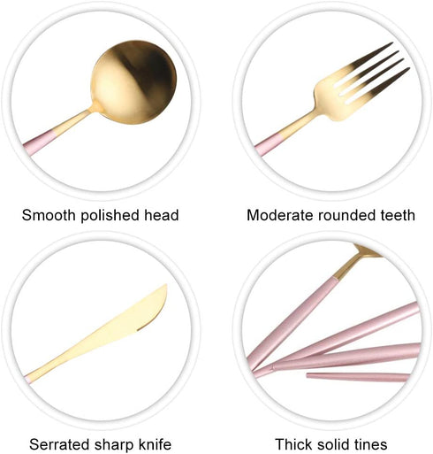 4 Pieces Stainless Steel Tableware Set Flatware Cutlery Set Including Steak Fork Spoons Knife Dinnerware Anti-Rust Utensil Set(Pink + Golden)
