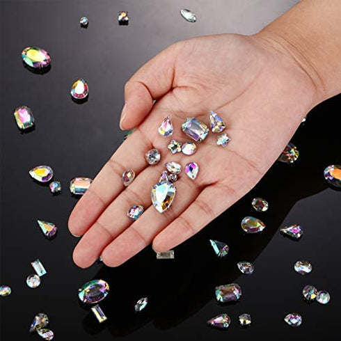 320 Pieces Sew on Rhinestone Sew Crystals Acrylic Gems Sewing Claw Rhinestone Flatback Gemstones with Hole Silver Prong in Mix Shape Mixed Size for DIY Crafts Clothes Shoes Bag Decoration (Crystal AB)