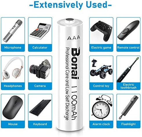 BONAI AAA Rechargeable Batteries 1.2V 1100mAh Ni-MH High-Capacity Triple-A Battery for Clocks, Remotes, Toys, Cameras, Flashlights, Games Controllers, E-Toothbrushes, Shavers, and More-16 Pack