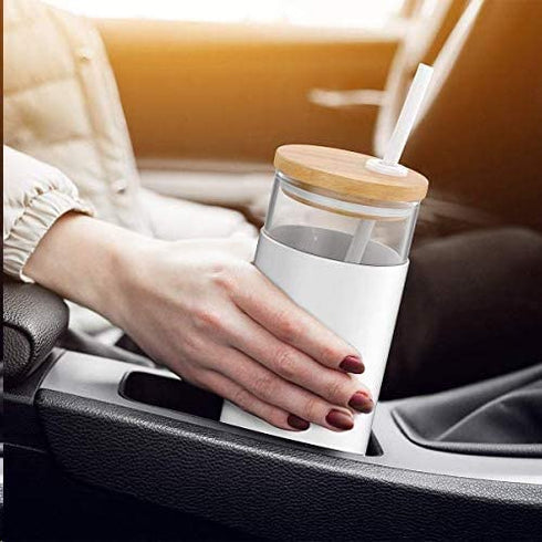 Tronco Iced Coffee Cup Glass Tumbler with Straw and Bamboo Lid|Wide Mouth Reusable Smoothie Cup with Straw and Insulator Sleeve|Borosilicate Glass Water Bottle with Lid|24oz