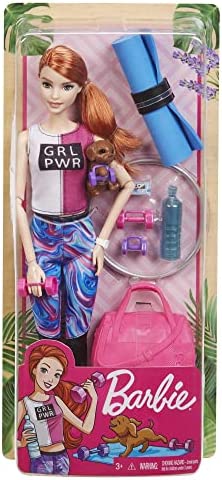 Barbie Fitness Doll, Red-Haired, with Puppy and 9 Accessories, Including Yoga Mat with Strap, Hula Hoop and Weights, Gift for Kids 3 to 7 Years Old