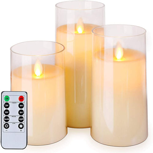 Homemory Flickering Flameless Candles, Battery Operated Acrylic LED Pillar Candles with Remote Control and Timer, Ivory White, Set of 3