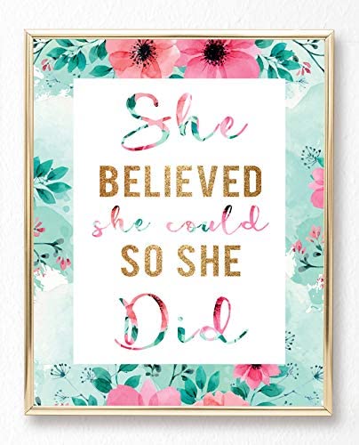 Brooke & Vine Gold Pineapple, She believed she could so she Did- Inspirational Teen Girl Room Wall Decor Art Prints (UNFRAMED 8 x 10) Women, Tween, Kids Motivational Wall Art for Bedroom, Office, Home - Gold Palm Aqua Pineapple