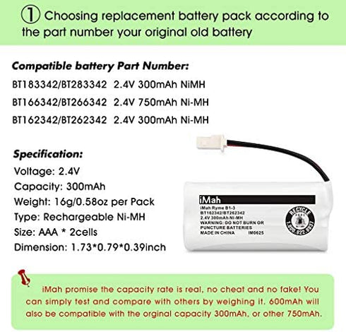 iMah BT162342 BT262342 BT183342 BT283342 Cordless Phone Batteries Compatible with VTech CS6114 CS6419 CS6719 AT&T EL5210 EL52300 EL52400 CL81101 CL80111 Handset Telephone, 2-Pack
