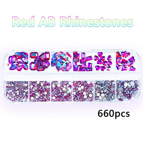 660Pcs AB Red Rhinestones Crystals Gems Nail Art Flat Back Round Beads Red AB Multi Sized Shapes Gems Rhinestone Stones for Nail Art DIY Jewelry Crafts Accessories