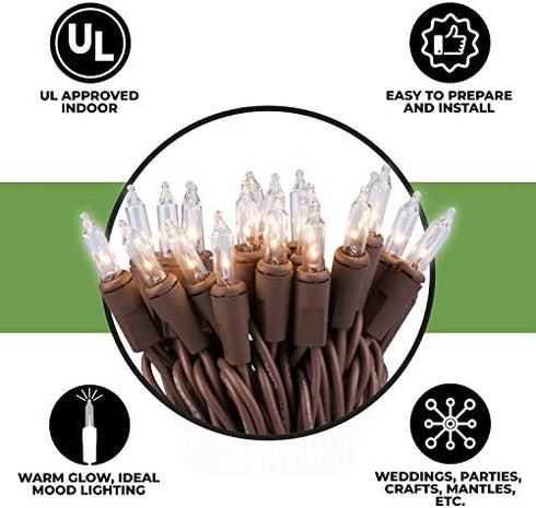 612 Vermont 35 Clear Mini Christmas String Lights on Brown Wire Cord, UL Approved for Indoor Use Only, 9 Foot of Lighted Length, 10 Foot of Total Length
