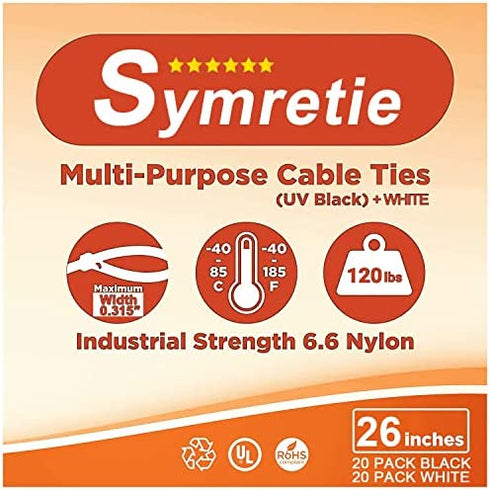 Cable Zip Ties Heavy Duty 26 Inch, Large Durable Adjustable Nylon Wire Ties,Tensile Strength 120 Pounds for Indoor and Outdoor UV Resistant, Plastic Tie Wraps Black & White (40 Pack)