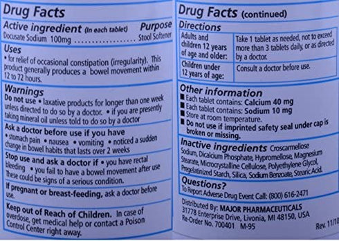 Docucate Sodium 100 mg Crushable Tablets for Gentle, Reliable Relief from Occasional Constipation Generic for Colace Crushable 100 Tablets per Bottle Pack of 2 Bottles Total 200 Tablets