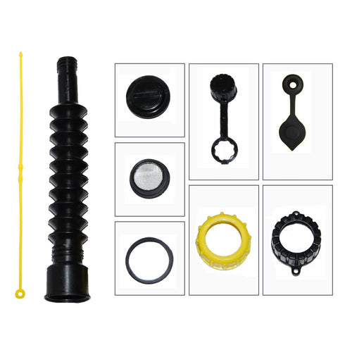 KP KOOL PRODUCTS Retail Pack Flexible Replacement Gas Spout with 2 Screw Collar Caps(1 Fine & 1 Coarse - Fits Most Of The Cans), 2 Base Caps, 1 Stopper Cap and 1 Stainless Steel Filter/Flame Arrestor.