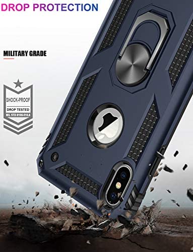 iPhone Xs Max Case with Tempered Glass Screen Protector,iPhone Xs Max Cover Military Grade 16ft. Drop Tested Cover with Magnetic Ring Kickstand Protective Phone Case for iPhone Xs Max Blue