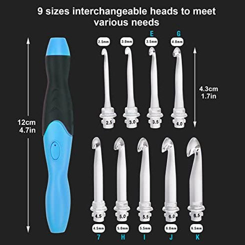 Vidillo Crochet Hooks Lights Set with Case, Ergonomic Rechargeable Lighted Hooks,9 Interchangeable Heads Hooks with a Crochet Hooks Case, Knitting Knit Needles Weave Yarn Sewing DIY Craft (Blue)