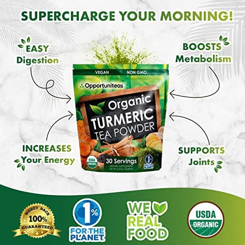 Organic Turmeric Tea Powder - Matcha Green Tea, Turmeric, Cinnamon, Ginger, Black Pepper - Natural Joint Support Supplement for Juice, Smoothie & Drinks - Vegan & Non-GMO - 30 Servings