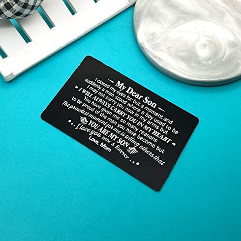 Son Gifts from Mom Engraved Wallet Insert Card for Son Christmas Birthday Gifts Inspirational Gifts for Son Graduation Gifts Wedding Day Gifts Encouragement Gifts for Son