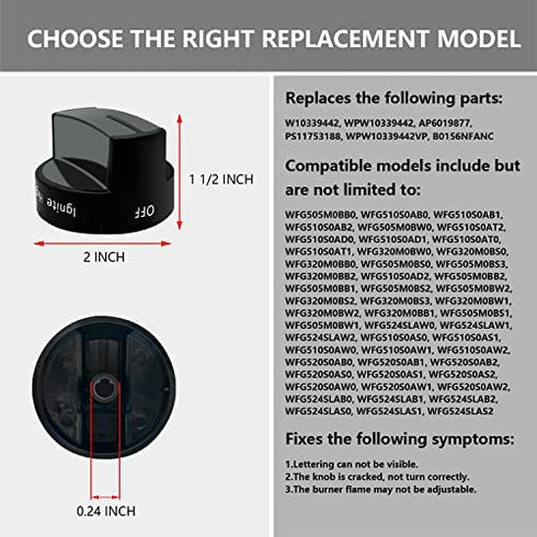 Reyhoar (4 Pack) W10339442 Gas Range Knob Black Replacement Part for Whirlpool Range/ Stove/ Oven- Replaces WPW10339442, PS3507188