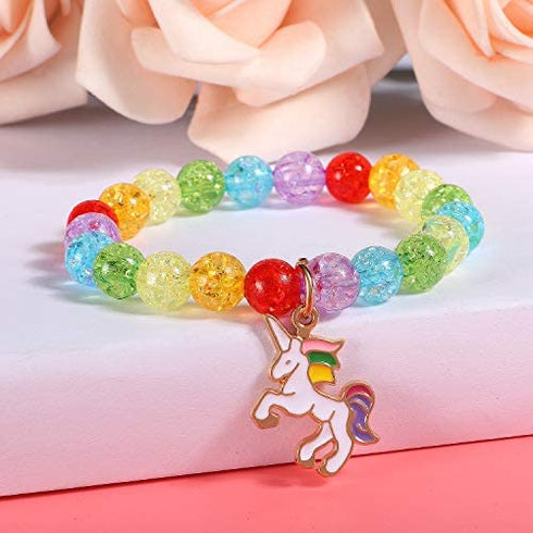 G.C 10 PCS Girls Kids Rainbow Beaded Bracelet with Cute Unicorn Rainbow Heart Star Pendant Stretchy Costume Jewelry Set Gift Play Party Favors Present Friendship Jewelry for Baby Toddler Little Girl