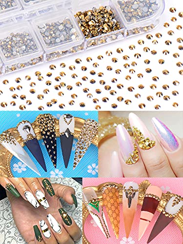 Warmfits 3600pcs Nail Art Rhinestone Crystal Gold Rhinestones Beads Nail Jewels Nail Design Round Flatback Gems Stones Studs 6 Sizes with Box for Nail Design Craft Art Shoes