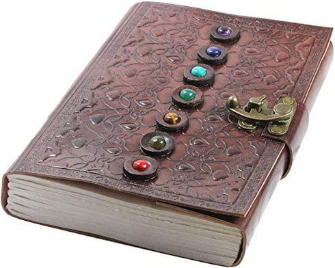 Leather Book of Shadows Journal, Supernatural Notebook with Chakra Gem Stones Healing Crystals and Latch, by AzureGreen (Brown Single Lock)
