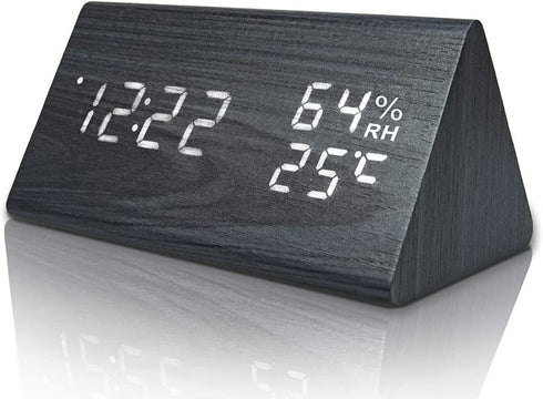 Everwood Wooden Digital Alarm Clock with Electronic LED Time Display, Humidity & Temperature Detect for Bedroom, Bedside (Black Triangle)