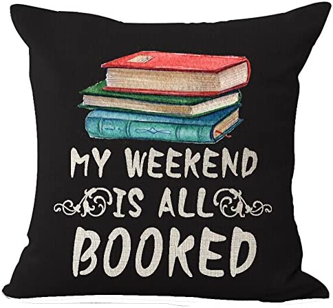 Queen's designer Book Lover Reading Book Club My Weekend is All Booked Black Background Cotton Linen Decorative Throw Pillow Case Cushion Cover Square 18"X18