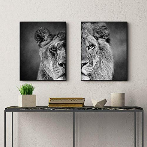 Black and White Theme Wild Animals Lioness Male lion female lion Wall Paintings Set of 2 Wall Art for Bedroom Wall Canvas Decor Wall Art Print Poster for Office Living Home Decor 8X10 inches No frame
