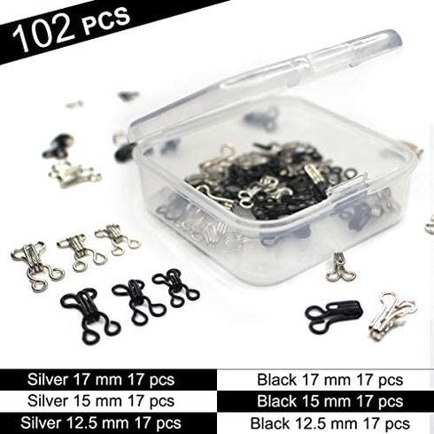 Bra Hooks,102 Set Hook and Eye Latch for Clothing,Strong Metal Bra Hooks Eyes Black and Silver, 3 Sizes