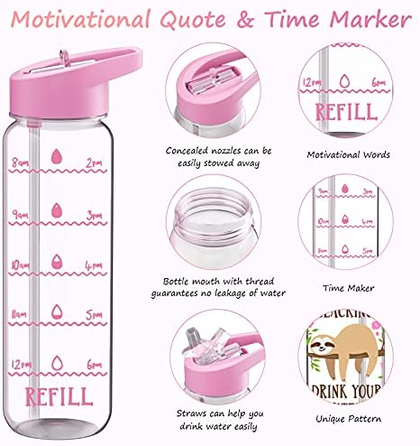 MELANIE'S POWER 24oz Motivational Sports Water Bottle with Time Marker, 720ml Water Bottle with Straw Leakproof BPA-Free Water Bottle for Children Cycling, Hiking( Sloth)