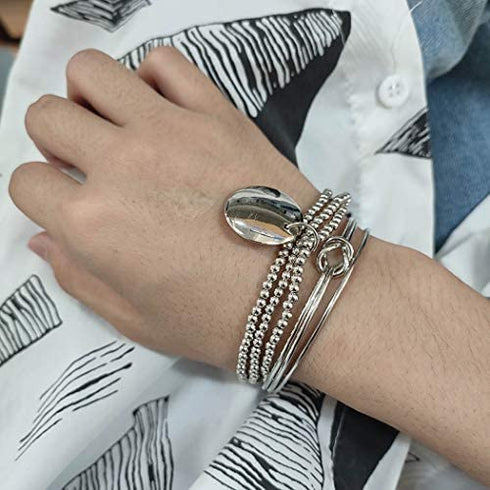 Haloty Boho Layered Knot Bangle Stackable Bracelets Silver Dainty Coin Beaded Hand Jewelry for Women and Girls 5Pcs (Coin)