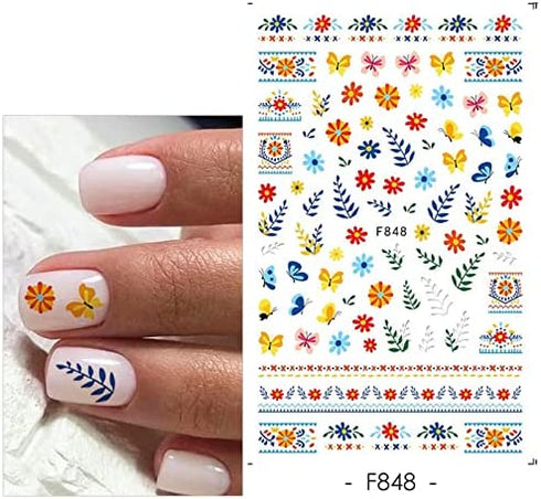MiaoWu 10 Sheets Flower Nail Art Stickers Decals Colorful Cheery Blossoms 3D Self-Adhesive Rose Butterfly Nail Sticker Spring Floral Theme for Acrylic Nails DIY Nail Art Supplies