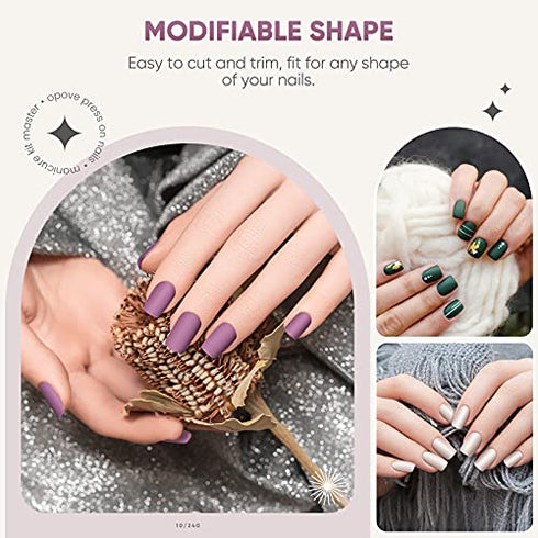 240PCS Press on Nails, OPOVE Short Acrylic Matte Nails Coffin Medium Length, Professional Nail Art Tips Set, Fake Nails with Nail File, Cuticle Stick, Stick on False Artificial Nails with Solid Color