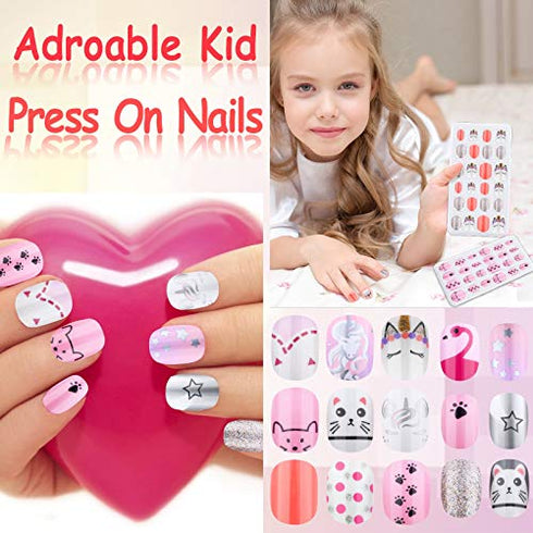 144 Pcs Fake Press on Nails for Kids, Thrilez Kids False Nails Children Artificial Fake Nail Tips Pre Glue Full Cover Short Nails for Girls Kids Teens Nail Art Decoration (Pink Series)