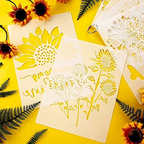 6 Pieces Sunflower Stencil Kit You are My Sunshine Stencil Butterfly Sunflower Reusable Mylar Template Stencils with Metal Open Ring for Painting on Wood Wall Home Decor