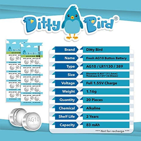 DITTY BIRD 20 Pack LR1130 AG10 Batteries 1.5V Alkaline Button Cell Battery for Musical Sound Book Toy Watch