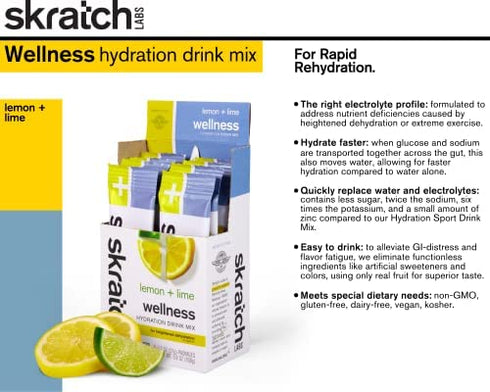 SKRATCH LABS Wellness Hydration Drink Mix, Lemon and Lime (8 Pack Single Serving), Oral Rehydration Solution, ORS, Vegan, Non-GMO, Gluten Free, Dairy Free, Kosher