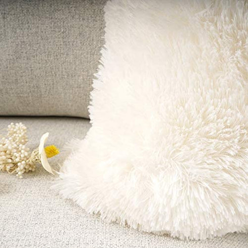 YOUR SMILE Pack of 2, Decorative Plush New Luxury Series Merino Style Faux Fur Throw Pillow Case Cushion Cover 18" x 18"(Ivory,White)