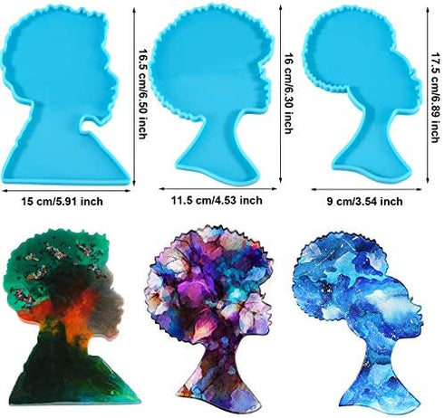3 Pieces Afro Female Head Silicone Mold Large Beauty Tray Mold African Girl Coaster Resin Mold Women Head Shape Epoxy Mold for Resin Casting DIY Crafts (Blue)