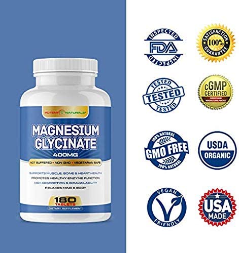 Magnesium Glycinate 400mg 180 Tablets - Maximum Strength, Healthy Relaxation, Muscle Function & Bone Support, Non-Laxative - Non GMO, Gluten Free