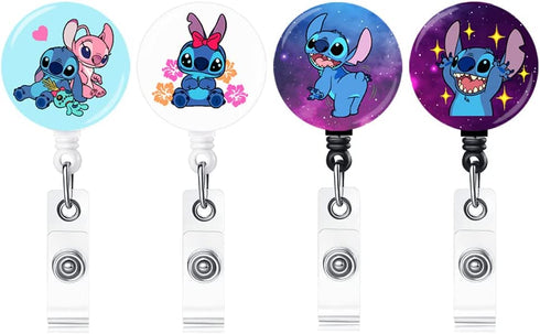 Qinsuee Cute Stitch Retractable Badge Holder,4 Pack Cartoon Id Badge Reel Belt Clip for Women Teacher Worker Nurse