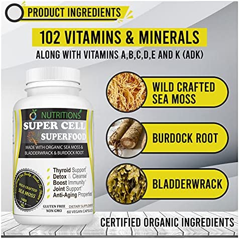 O NUTRITIONS Certified Organic Sea Moss, Super Cell Superfood Made with Organic Irish Sea Moss, Bladderwrack and Burdock Root, Wildcrafted Sea Moss Capsules, Vegan Seamoss Pill (Super Cell Superfood)