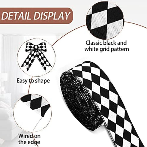 2 Rolls/ 20 Yards Black and White Checkered Ribbons Buffalo Plaid Wired Edge Ribbon Diamond Check Gingham Wrapping Ribbon for Christmas Tree DIY Hair Bow Wreath Decors Crafts, 2 Styles (1.5 Inch Wide)